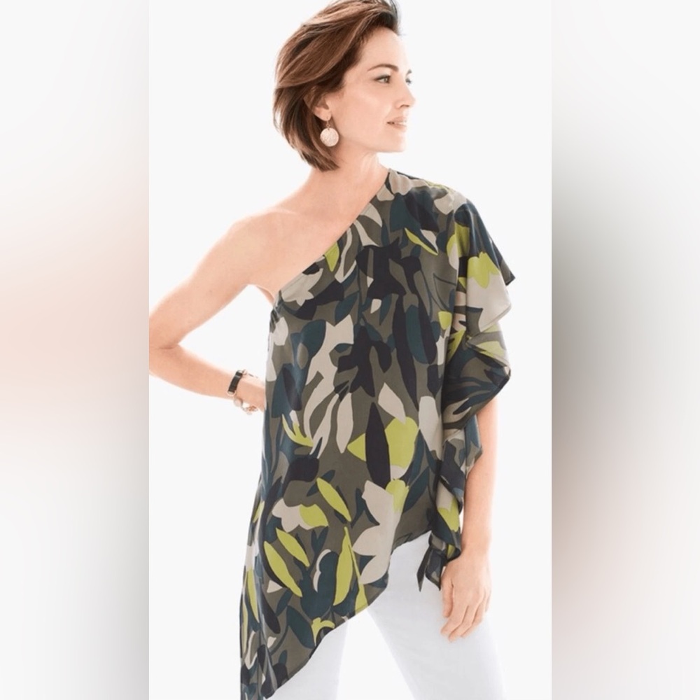 Chico’s Black Label 100% Silk One-Shoulder Camouflage Print Top - Size 1 = M/8